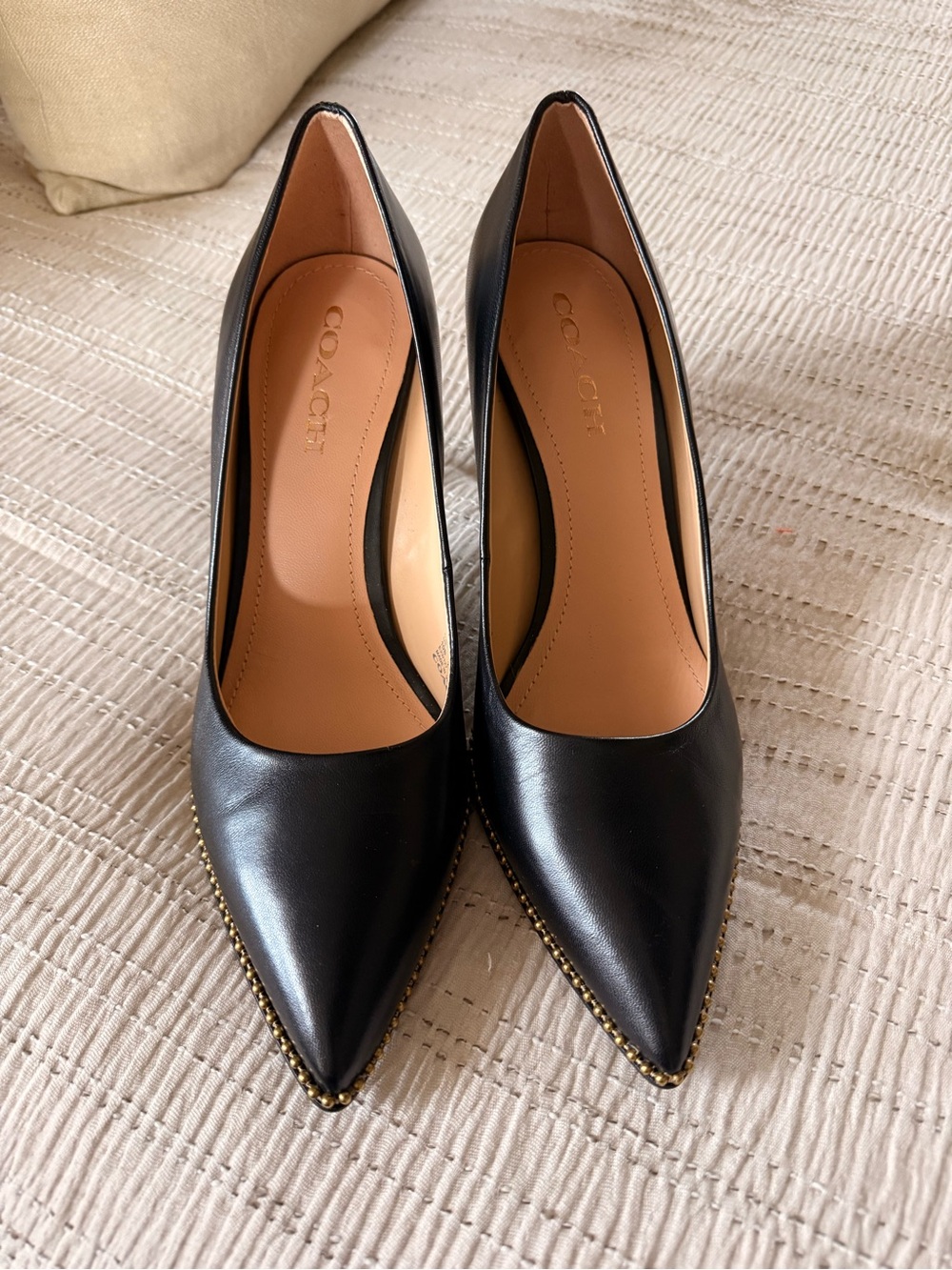 Coach waverly Black Leather Pointed Toe Pumps with Gold Bead Accent